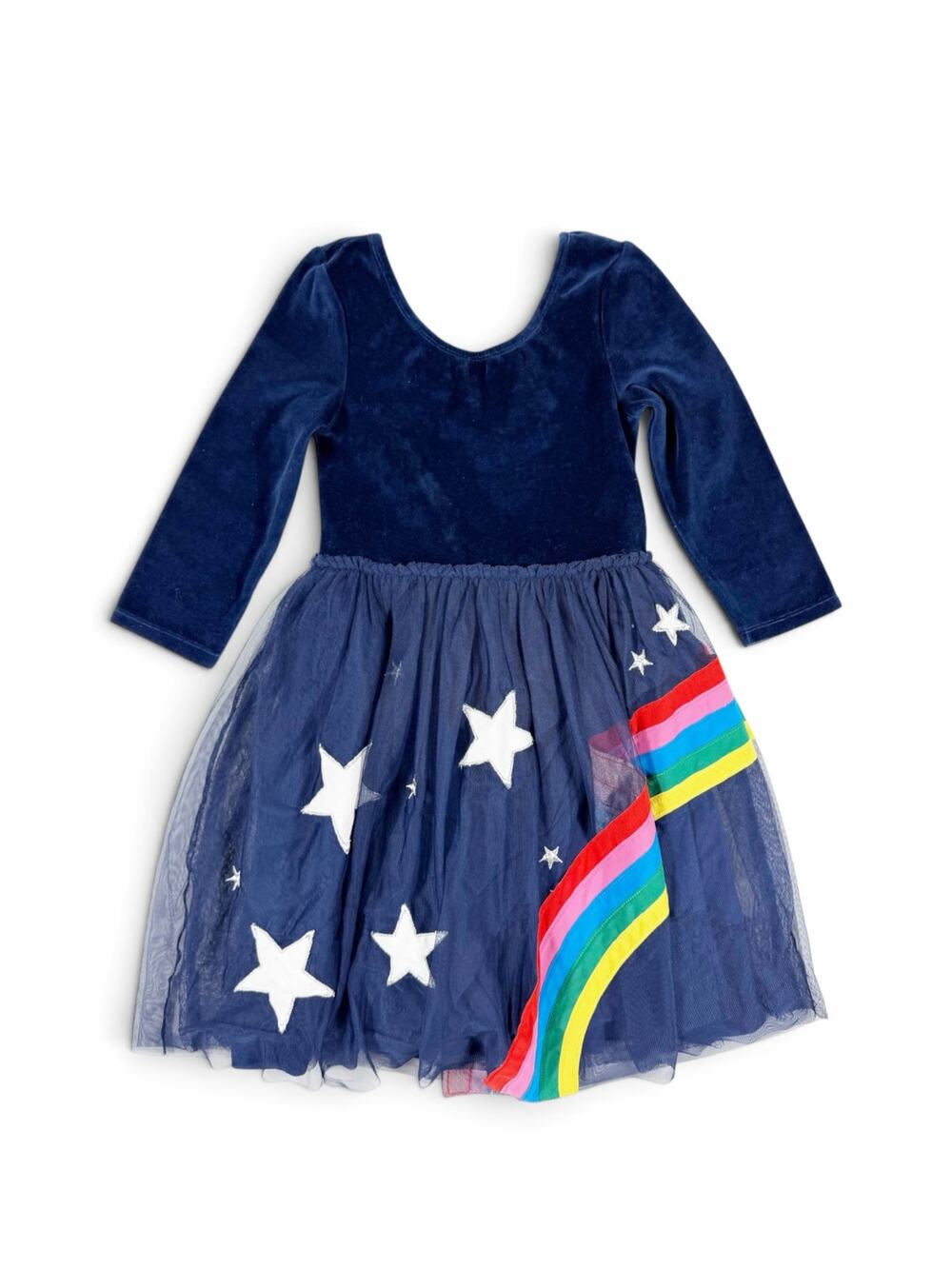 NEW Mini Boden Girls Rainbow Star Velvet Tulle Dress Navy Size 9-10